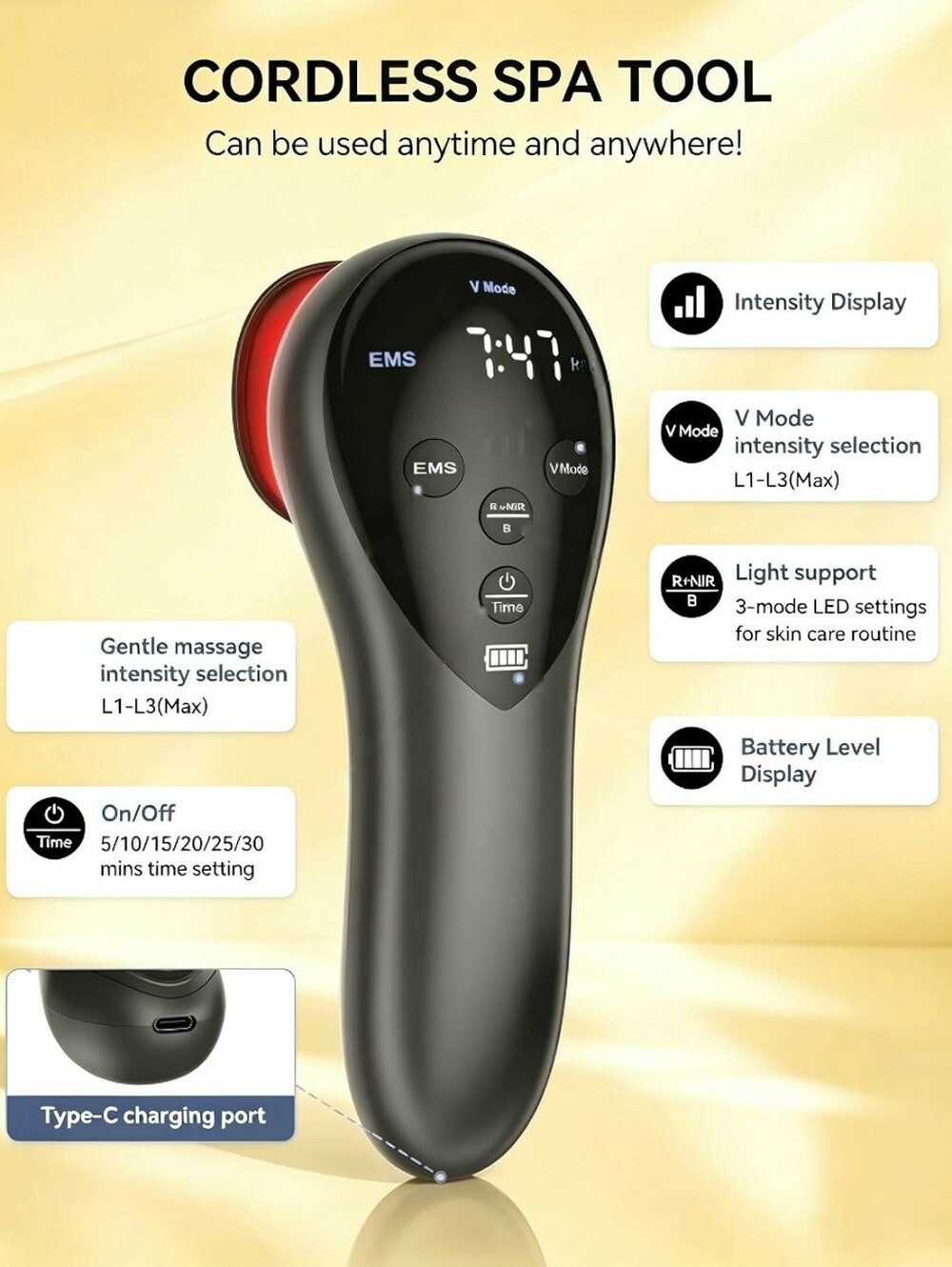 NEW Ultrasonic EMS Infrared Cordless Face Body Massager Handheld Compact
